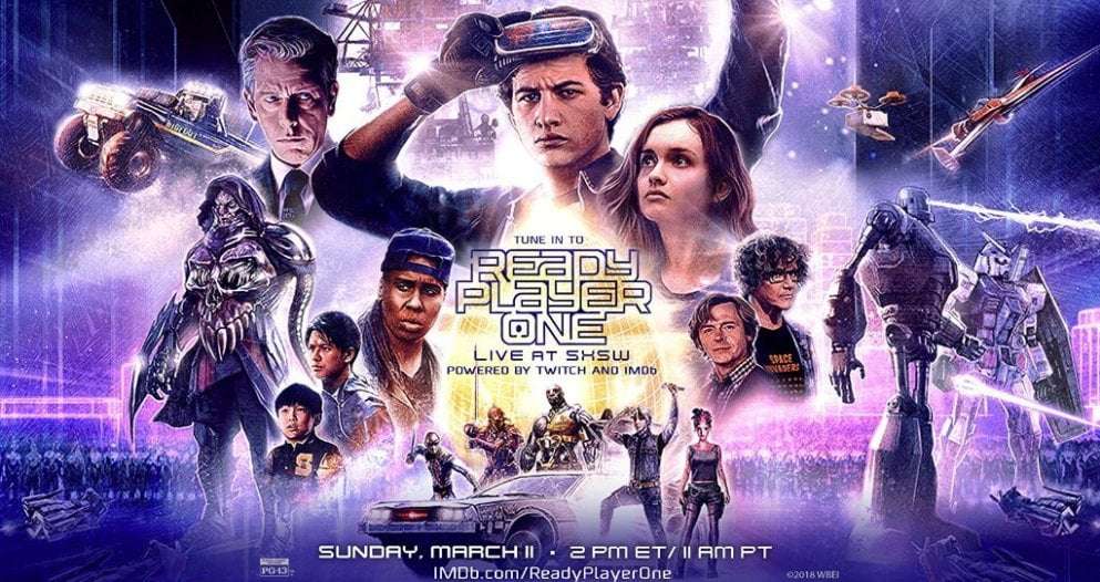 A dynamic promotional poster for Spielberg's "Ready Player One," featuring a collage of characters from the film against a vibrant backdrop of virtual world imagery, inviting viewers to a live event powered by Twitch and IMDb