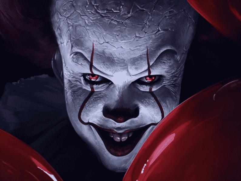 A menacing clown from "It: Chapter Two" with a malevolent grin, piercing red eyes, and a face covered in white makeup, holding bright red balloons against a dark background.