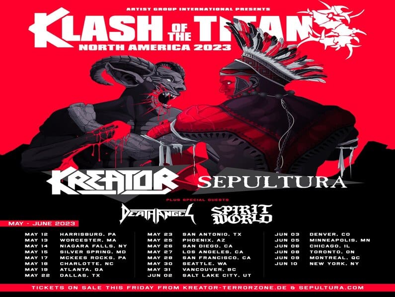 Kreator, Sepultura, Death Angel, SpiritWorld, Titans, North America, tour, heavy metal, legends, May, June, 2023, Friday, Saturday, Harrisburg, Pennsylvania, New York, Tickets, VIP, upgrades, sale, Friday, January, 20th, Social Media, Hordes, time, come, return, mightiest, partnership, stacked, bill, start, finish, Shadows, loom, ominous, silence, heaven, hell, prepare, witness, pit, Andreas Kisser, excited, friends, personal idols, strong, influence, early days, stronger, historical run, brothers, alive, celebrate, road.