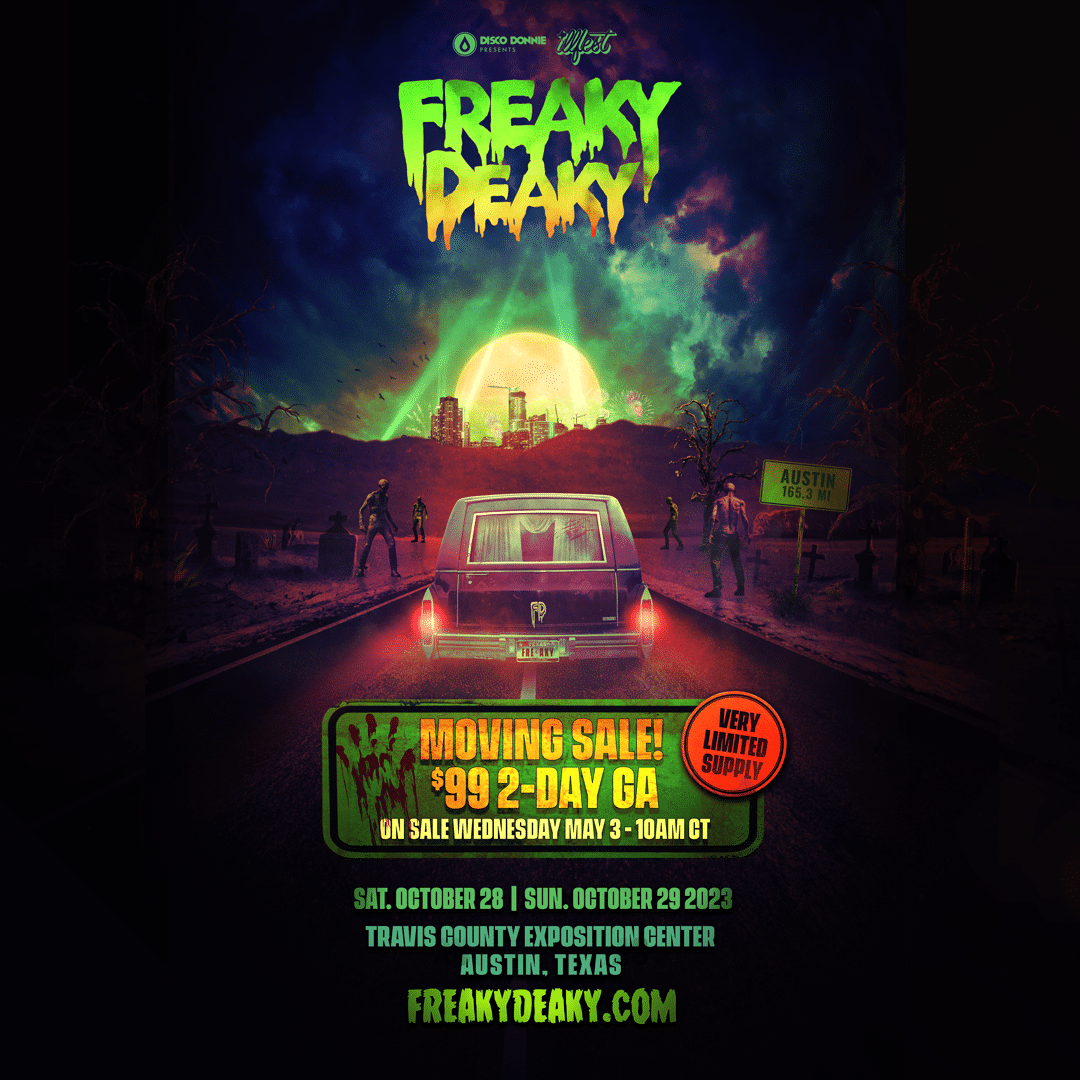 Freaky Deaky Music Festival, Halloween, Austin, Texas, Travis County Expo Center, electronic music, Moving Sale, General Admission tickets, DJs, haunted event,