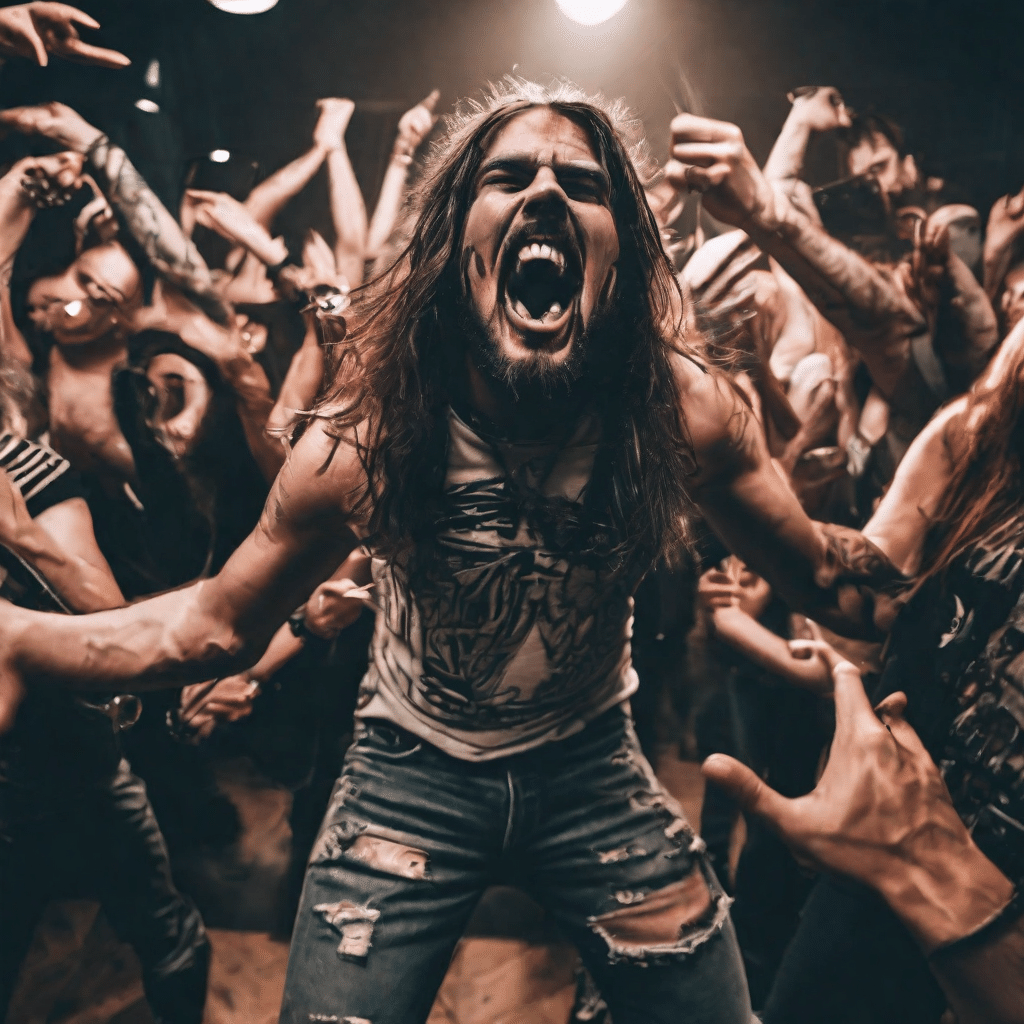 Excited metal fans headbanging to viral songs on TikTok, capturing the raw energy and passion of the metal music community.