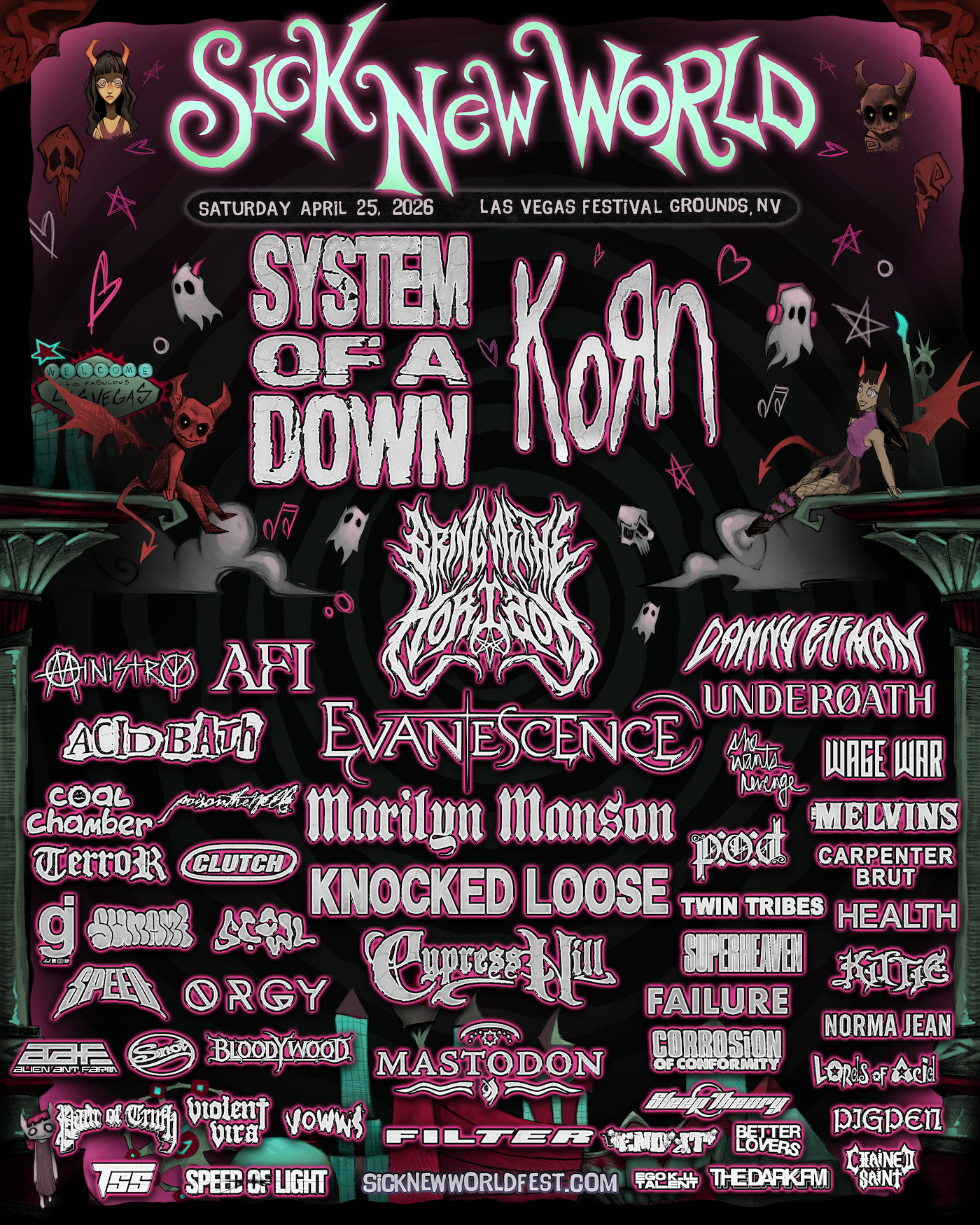Sick New World Festival 2026 lineup poster featuring headliners System of a Down, Deftones, Korn and more.