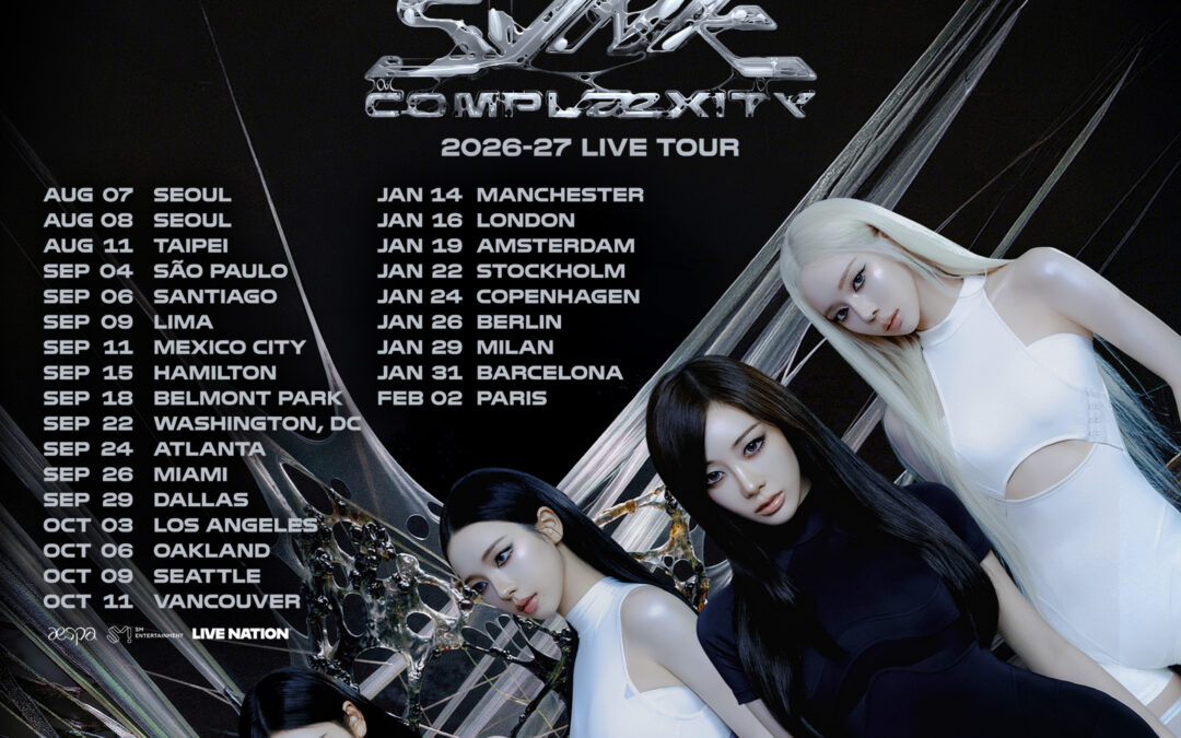 Official tour poster for aespa 2026-27 LIVE TOUR SYNK COMPLæXITY with global tour dates